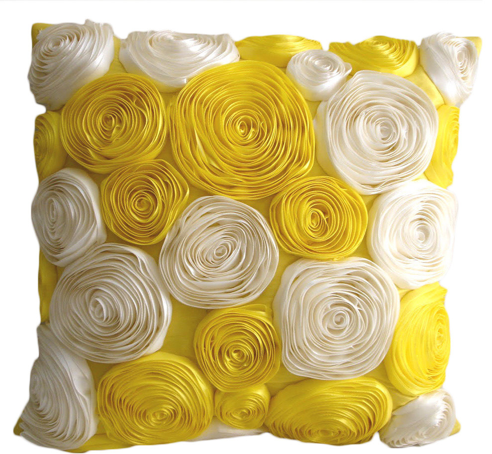 Satin Ribbon 26"x26" Silk Yellow Euro Sham, Sunny Yellow Blooms