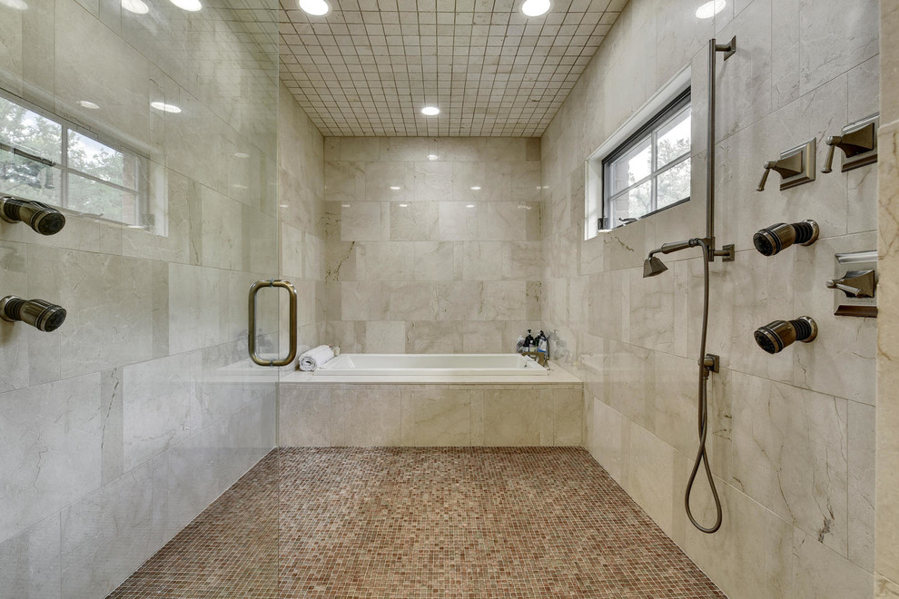Photo of a large transitional master bathroom in Austin with an alcove tub, a double shower, beige tile and ceramic floors.