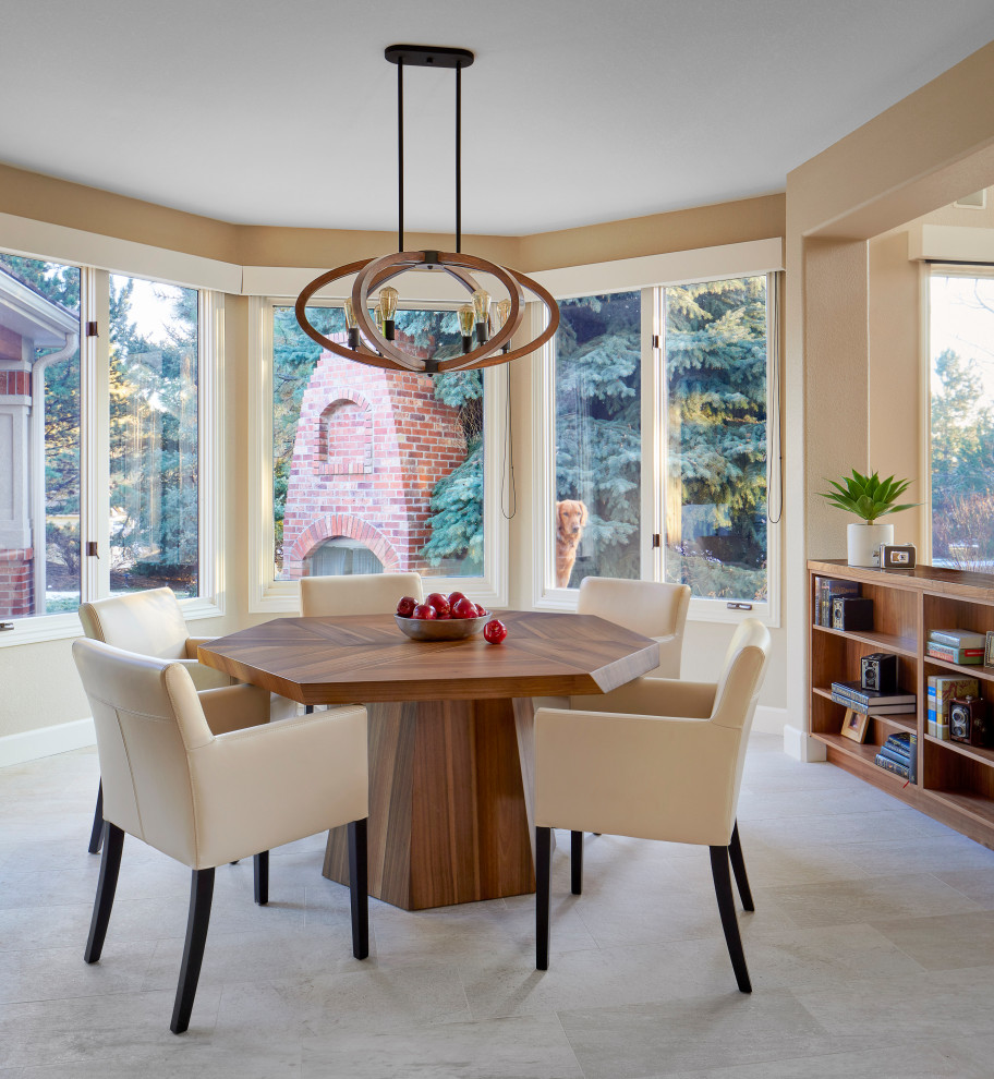 Inspiration for a mid-sized transitional u-shaped porcelain tile and white floor kitchen/dining room combo remodel in Denver with a double-bowl sink, flat-panel cabinets, medium tone wood cabinets, quartzite countertops, multicolored backsplash, ceramic backsplash, stainless steel appliances, an island and white countertops
