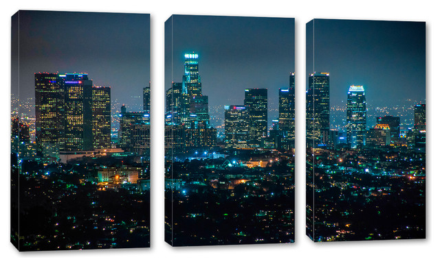 Los Angeles Skyline At Night 3 Panel Canvas Print Wall Art Contemporary Prints And Posters By Canvas Quest