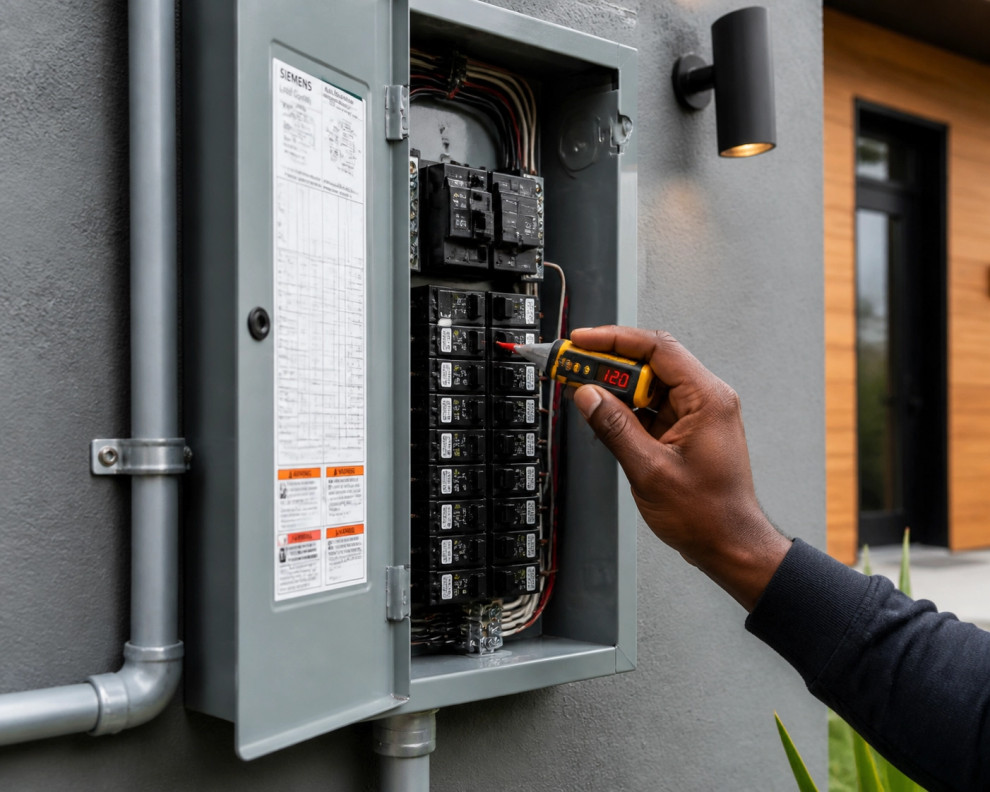 Visual: A close-up of a high-quality electrical panel and modern construction finishes, emphasizing professional workmanship.