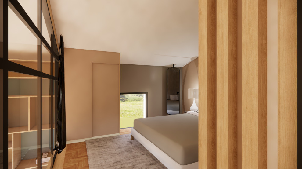 Идея дизайна: спальня среднего размера в современном стиле с бежевыми стенами, полом из травертина, бежевым полом и балками на потолке без камина