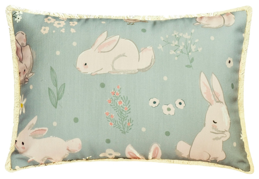 Powder Blue Cotton 12"x20" Lumbar Pillow Cover Nursery, Kids, Lace - Bunny Hops