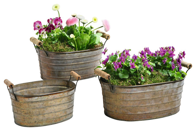 Metal Planter Tubs, Set of 3 Planters With Wooden Handles