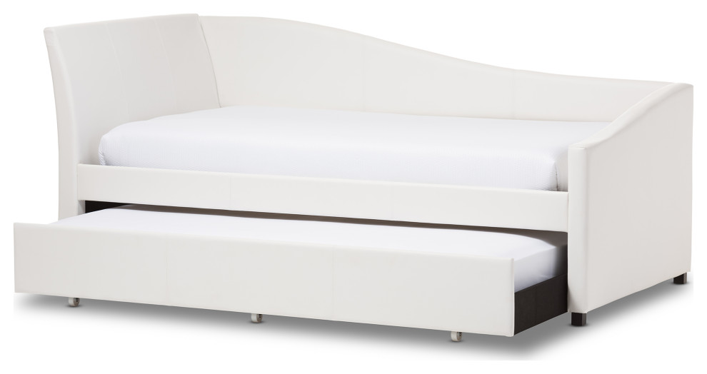Vera White Faux Leather Curved Sofa Twin Daybed With RollOut Trundle