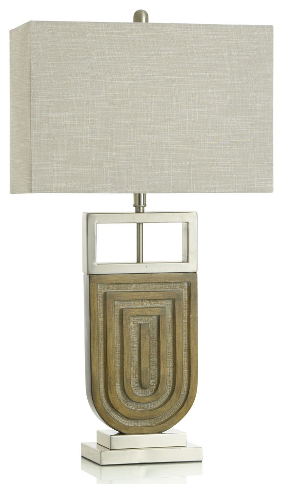 Oak Silver Table Lamp Brown Brushed and Champagne Gold Body Oatmeal Shade