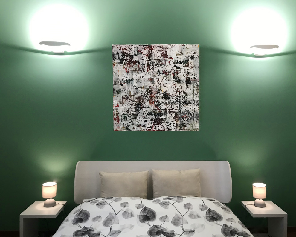 Bedroom - large contemporary master medium tone wood floor bedroom idea in Milan with green walls