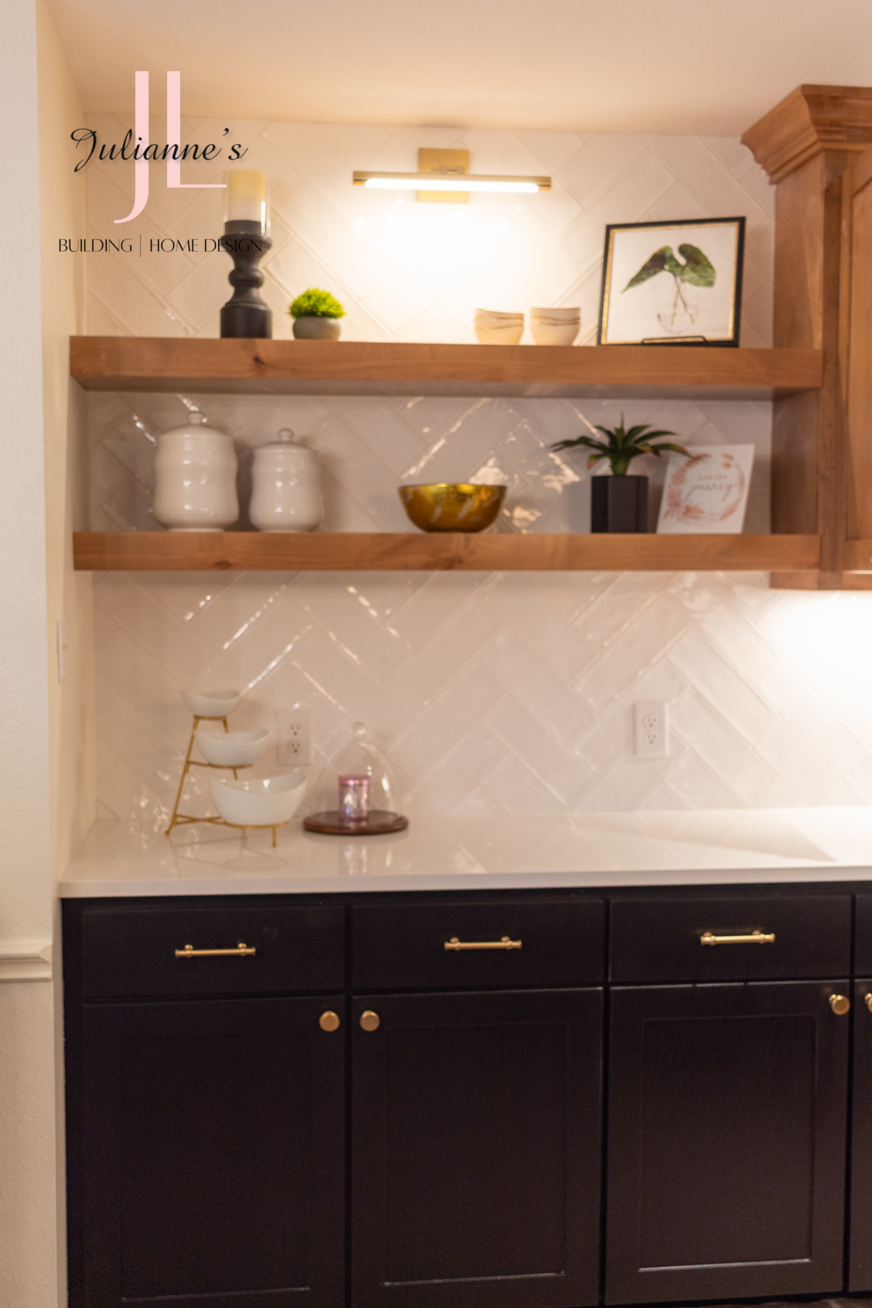 New open shelving where dated cabinetry once lived.