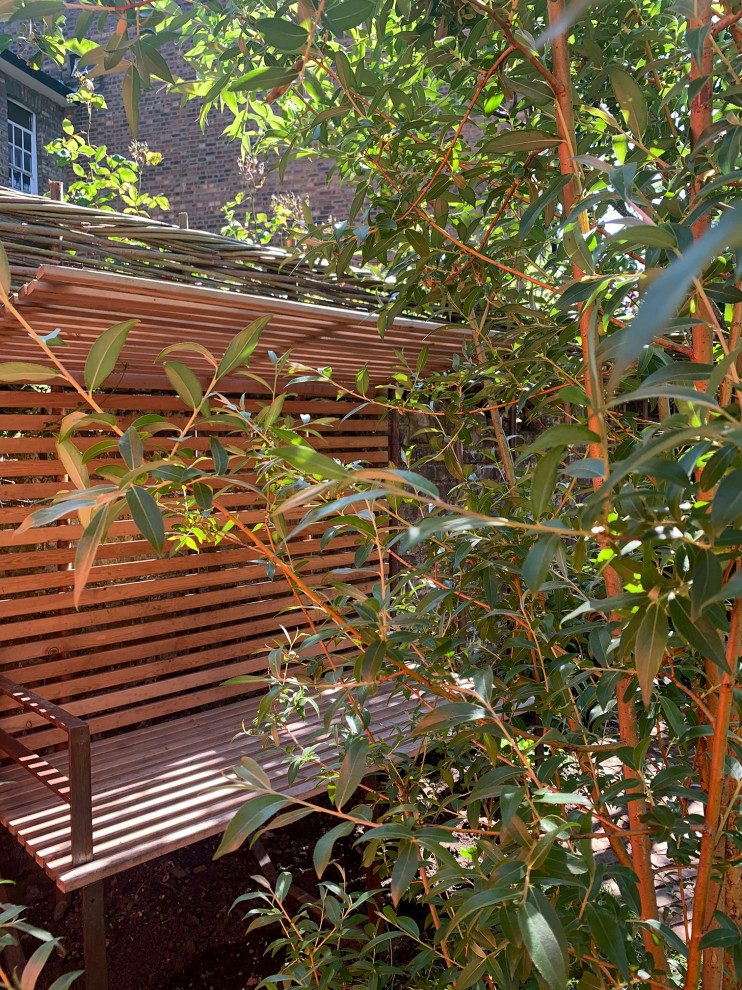 Diseño de jardín bohemio pequeño en patio trasero con exposición total al sol y con madera