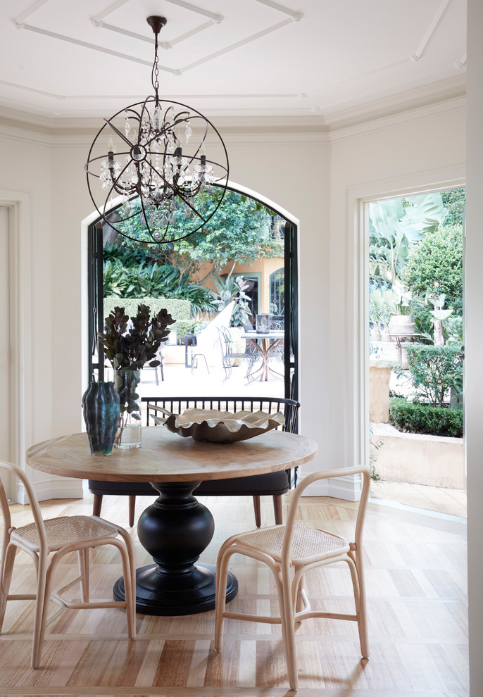 Transitional separate dining room in Sydney with white walls and light hardwood floors.