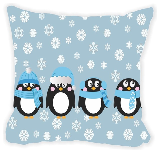 Cute Winter Penguins In Blue Microfiber Throw Pillow - Contemporary - Kids Bedding - by Rikki ...