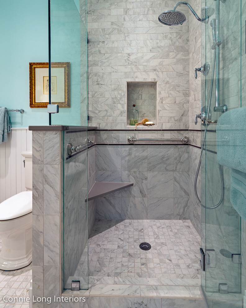 Small arts and crafts master bathroom in Nashville with shaker cabinets, white cabinets, a freestanding tub, an open shower, a two-piece toilet, white tile, porcelain tile, blue walls, porcelain floors, an undermount sink and engineered quartz benchtops.
