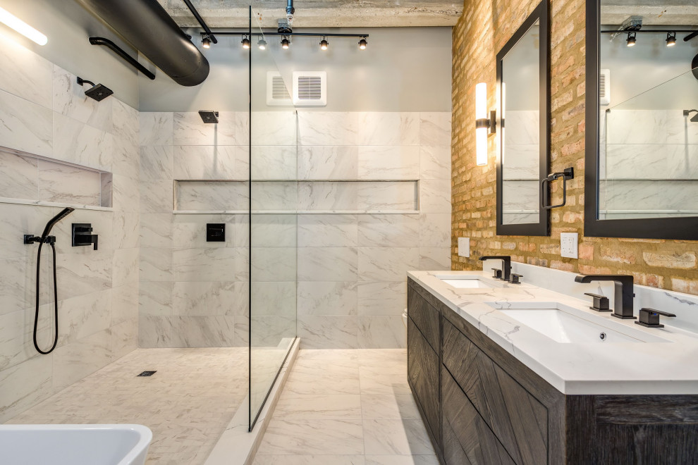 Inspiration for a large industrial master bathroom in Chicago with distressed cabinets, a freestanding tub, an open shower, a wall-mount toilet, white tile, porcelain tile, brown walls, porcelain floors, an undermount sink, quartzite benchtops, white floor, an open shower, white benchtops and flat-panel cabinets.