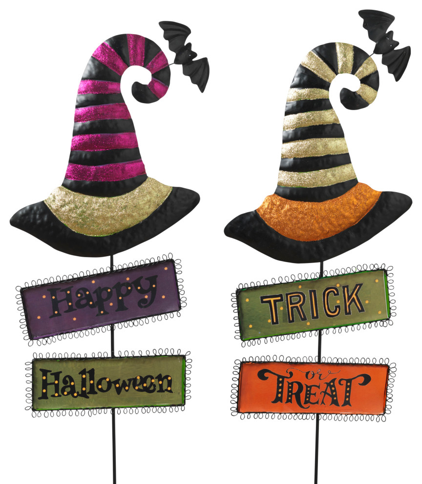 Set of two 37in metal Witch's hats with Halloween signs yard stake, KD