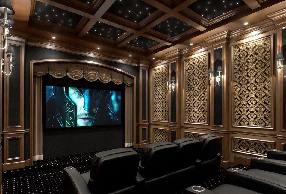 Inspiration for a mid-sized enclosed home theatre in DC Metro with carpet.