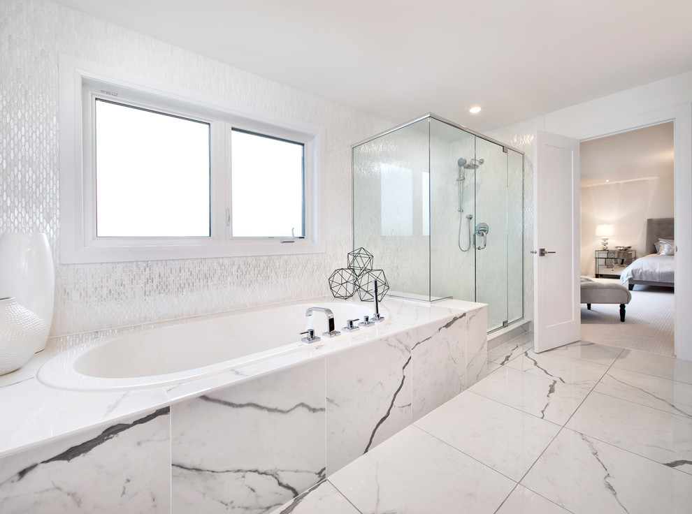 Photo of a mid-sized contemporary master bathroom in Ottawa with a drop-in tub, an alcove shower, white tile, ceramic tile, white walls and ceramic floors.