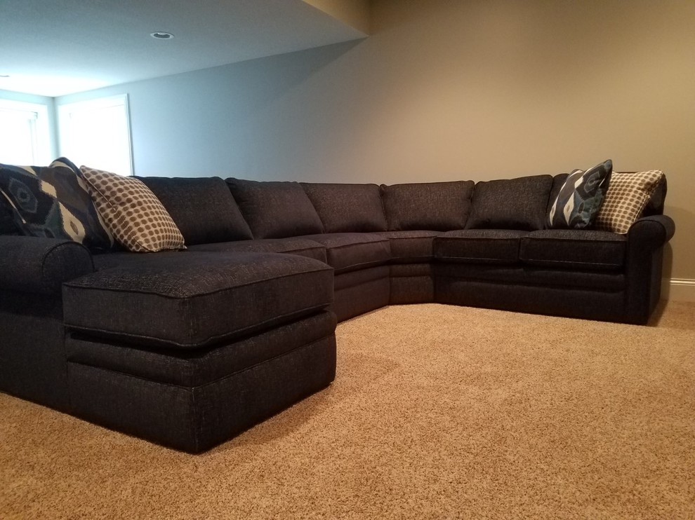 Basement - mid-sized transitional look-out carpeted and brown floor basement idea in Chicago with gray walls and no fireplace