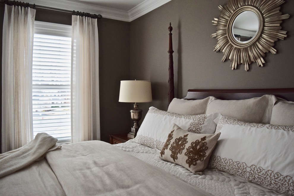 Photo of a large traditional master bedroom in DC Metro with grey walls, carpet, no fireplace and beige floor.