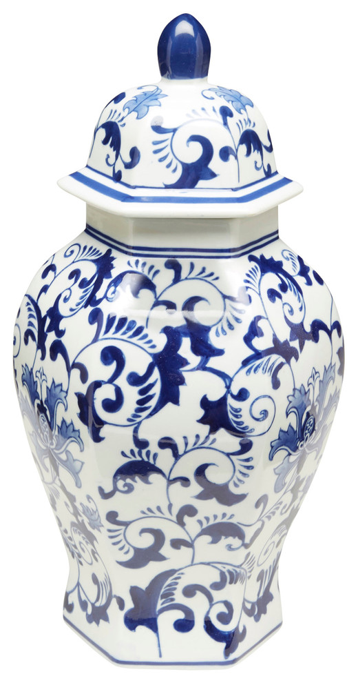 14" Hexagon Blue & White Ginger Jar - Traditional ...