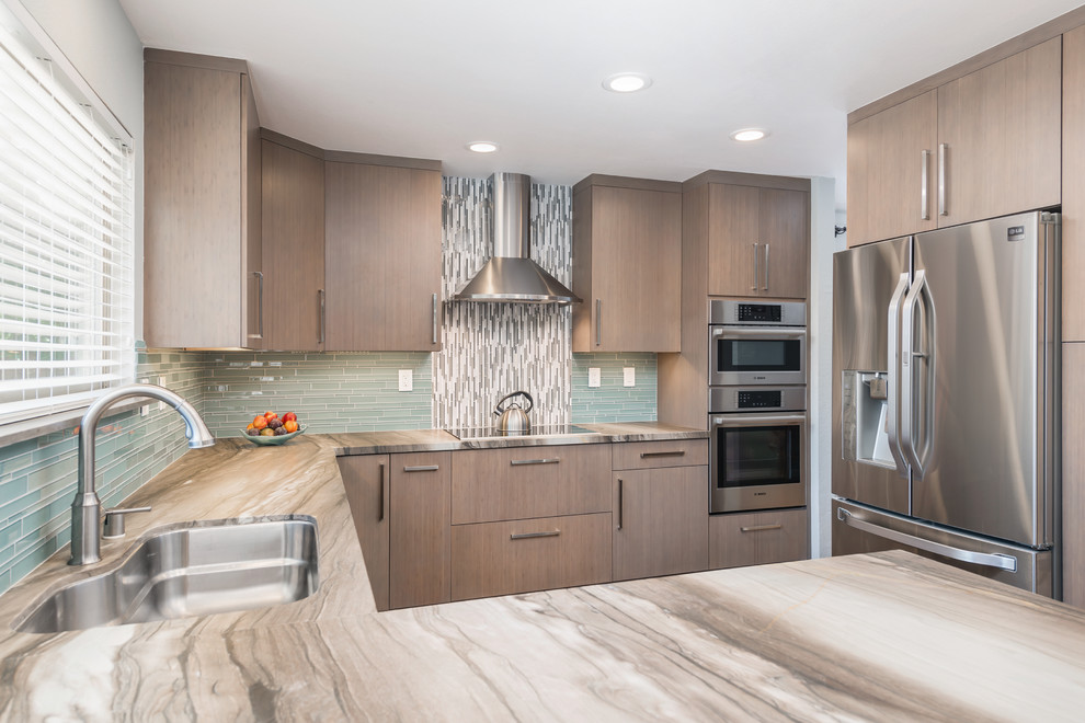 Design ideas for a small transitional u-shaped open plan kitchen in San Francisco with a double-bowl sink, flat-panel cabinets, grey cabinets, marble benchtops, blue splashback, glass tile splashback, stainless steel appliances, ceramic floors and a peninsula.