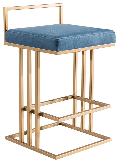 Blue Counter Stool, Contemporary Modern, Glam Art Deco Gold Counter Stool