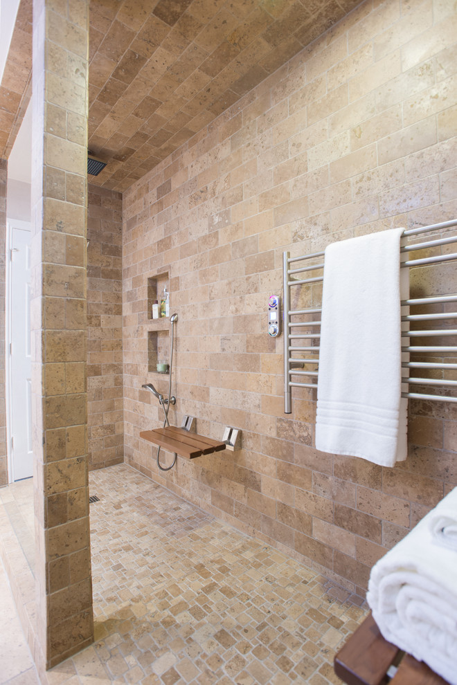 This is an example of a small contemporary bathroom in Dallas with an integrated sink, shaker cabinets, light wood cabinets, marble benchtops, a one-piece toilet, beige tile, stone tile, beige walls, travertine floors and with a sauna.