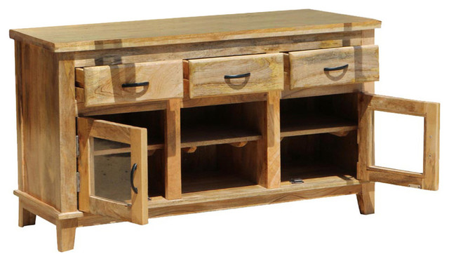 Aflon Rustic Mango Wood Glass Door 3 Drawer Sideboard Cabinet