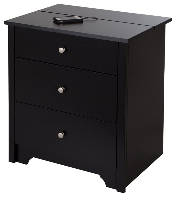 Contemporary Nightstand, Built In Charging Station & Storage Drawers