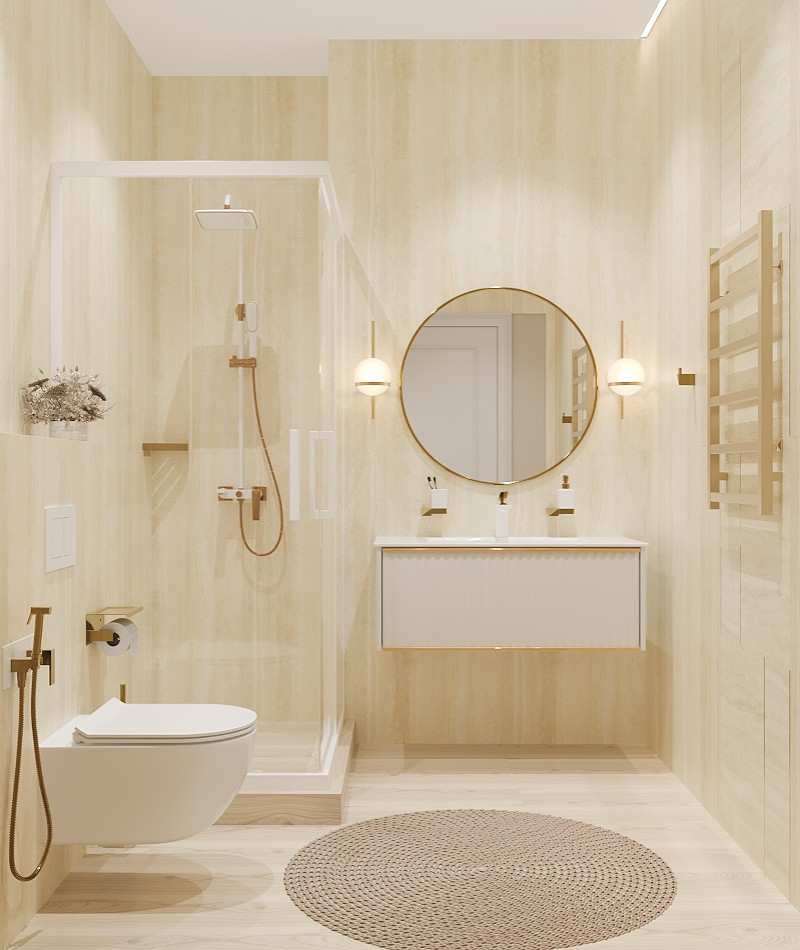 Inspiration for a contemporary bathroom in Other with a walk-in shower, beige tiles, porcelain tiles and a sliding door.