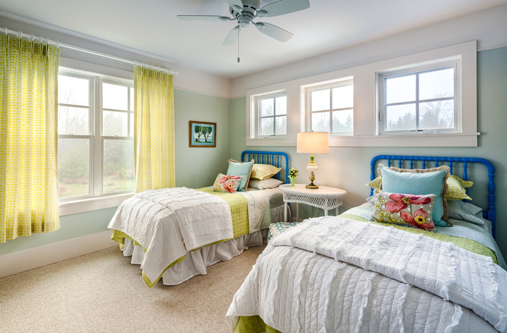 Mid-sized country guest bedroom in Other with carpet, beige floor and blue walls.