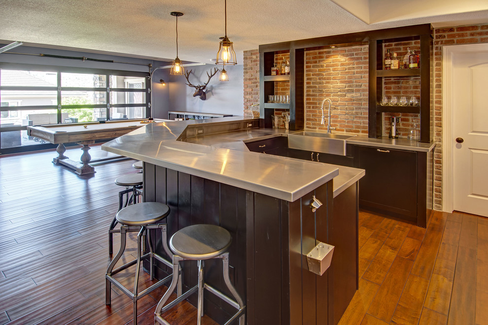 Basement - mid-sized transitional walk-out dark wood floor and brown floor basement idea in Denver with blue walls and no fireplace