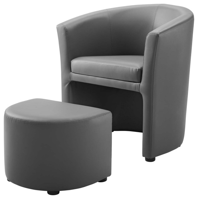 Armchair Accent Chair and Ottoman, Faux Leather, Gray, Modern, Lounge