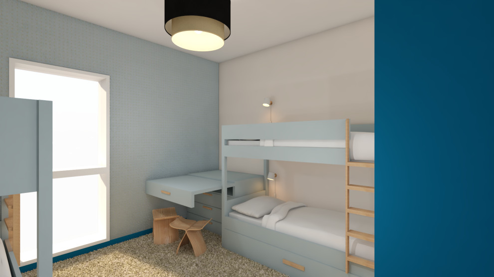 Cette photo montre une chambre d'enfant de 4 à 10 ans scandinave de taille moyenne avec un mur bleu, moquette, un sol beige et du papier peint.