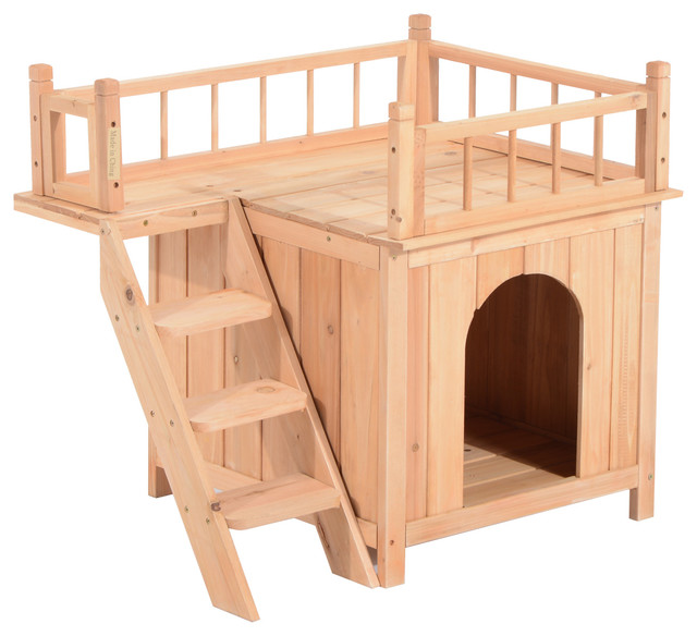 Pawhut 2 Level Wood Treehouse Elevated Outdoor Cat Shelter House Pawhut 2 Level Wood Treehouse Elevated Outdoor Cat Shelter House With Balcony Transitional Dog Houses By Aosom