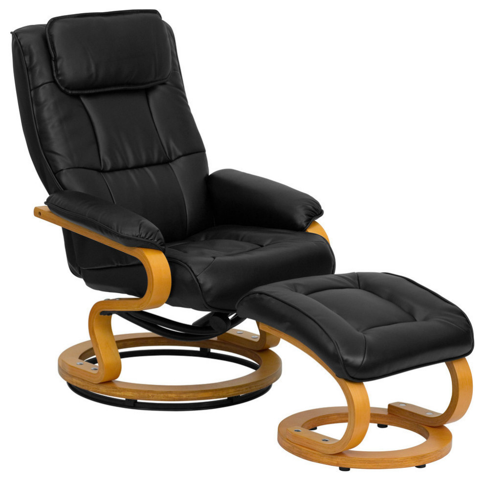 Contemporary Black Leather Recliner and Ottoman With Swiveling Maple