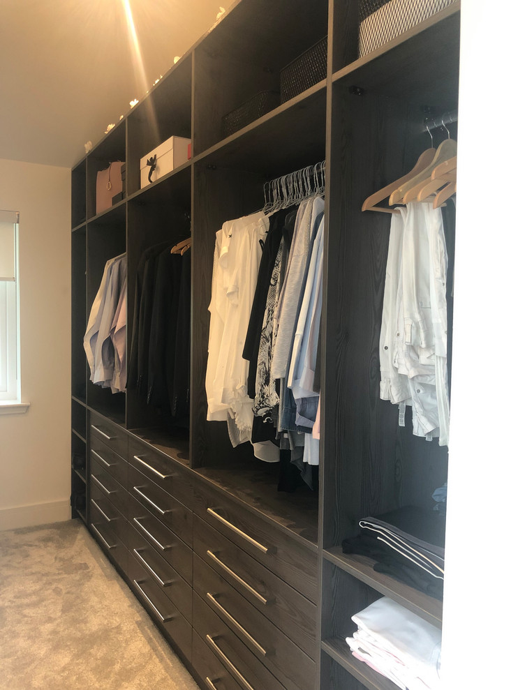 Photo of a mid-sized contemporary gender-neutral walk-in wardrobe in Glasgow with open cabinets, dark wood cabinets, carpet and grey floor.