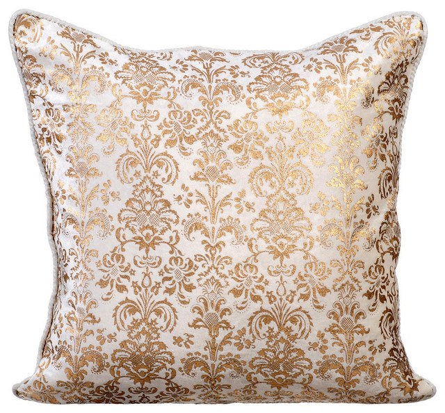 Damask Velvet White Pillows Cover, Gold Festive Traditional