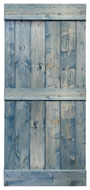 Stained Solid Pine Wood Sliding Barn Door, Denim Blue, 30"x84", Mid-Bar
