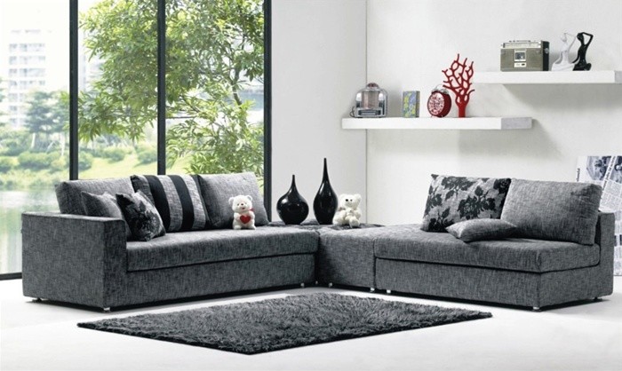 Modern Denim Blue Fabric Sectional Sofa Set