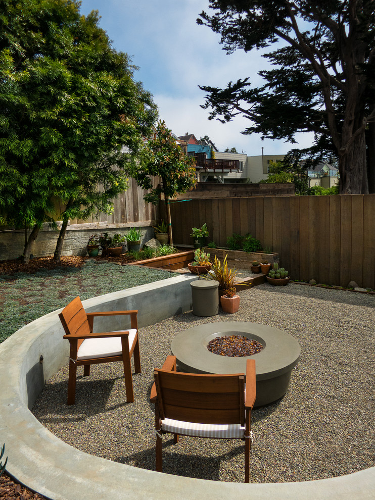 Design ideas for a mid-sized contemporary backyard patio in San Francisco with a fire feature, gravel and no cover.