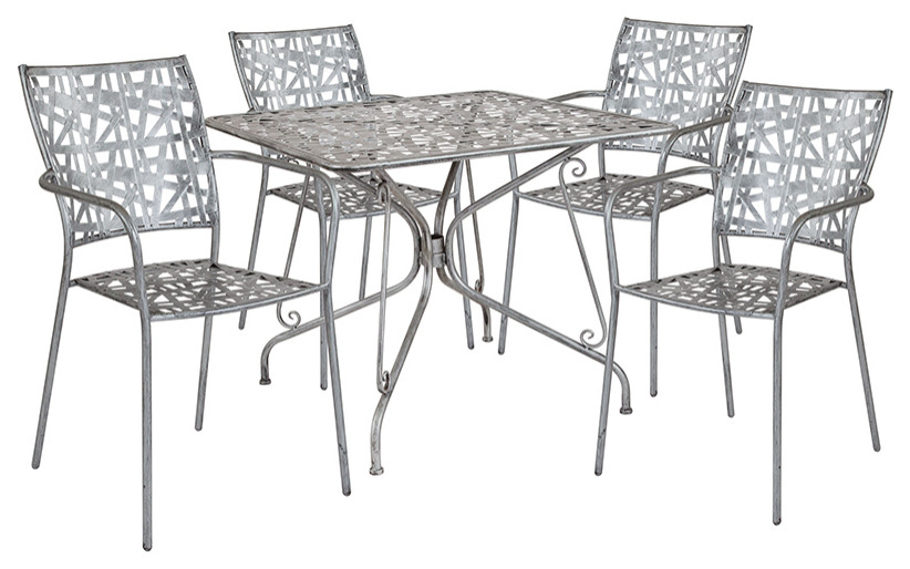 35.25" Square Antique Silver Indoor/Outdoor Steel Patio Table, 4 Stack Chair