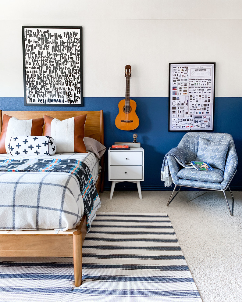 Boys Bedroom Design Dallas – Blue Accent Wall & Modern Styling | Lark Interiors - Boys bedroom design in a Dallas home featuring a bold blue accent wall, warm wood furniture, and layered textiles, creating a modern, functional space with personality and comfort.