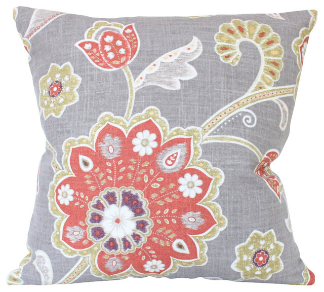 Designer Chartreuse and Faded Brick Red Flower Linen Pillow Cover