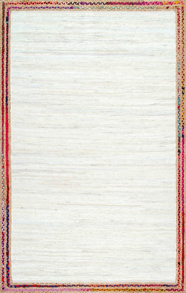 Handwoven Braided Border Denim Rag Area Rug, Ivory, 5'x8'