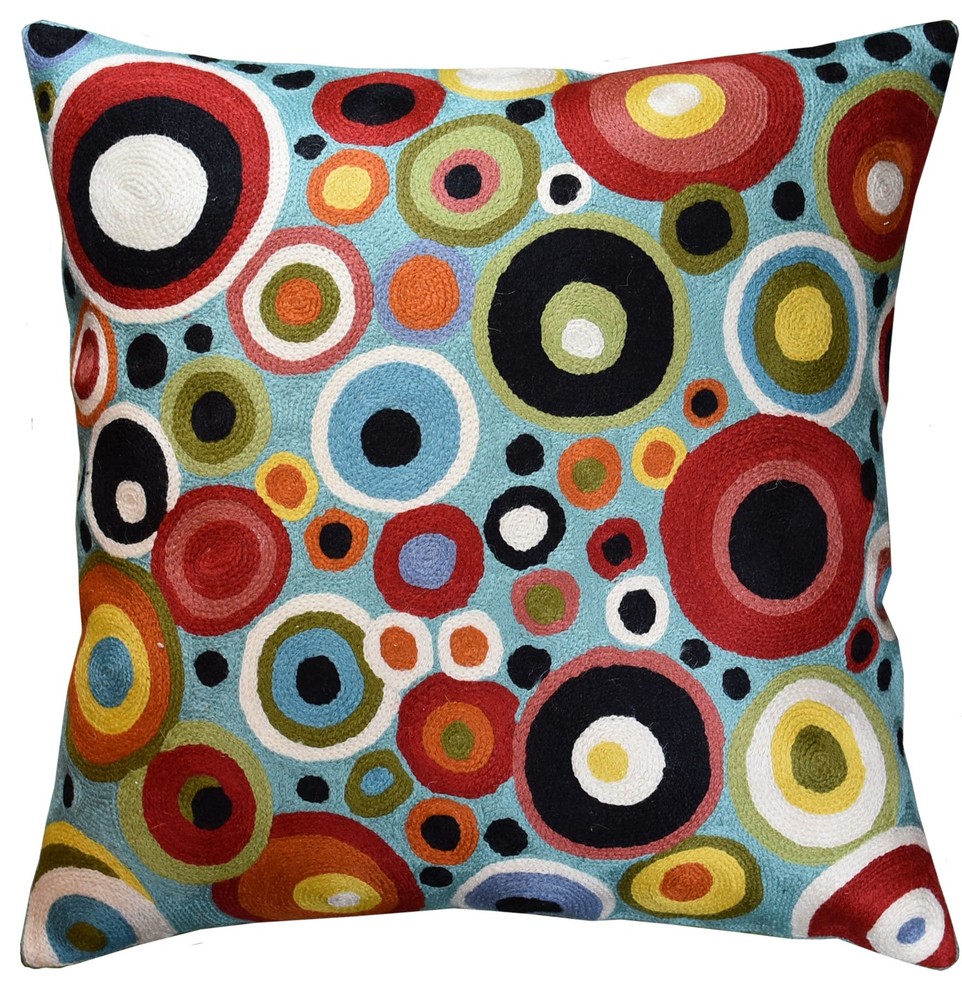 Polka Dots Bubbles Turquoise Decorative Pillow Cover Handembroidered Wool 18x18 Contemporary Decorative Pillows By Kashmir Fine Arts Crafts