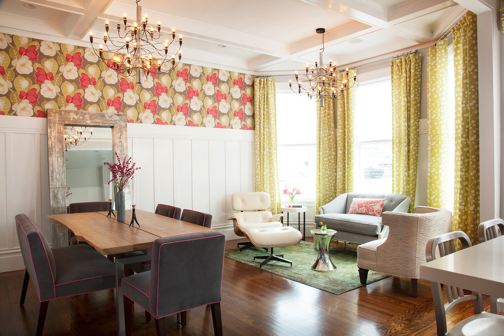 This is an example of a transitional dining room in San Francisco with multi-coloured walls and dark hardwood floors.