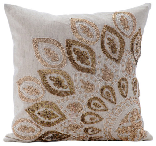 Single Cushion Sofa Ecru Beige 20"x20" Cotton Linen, Gold Charm