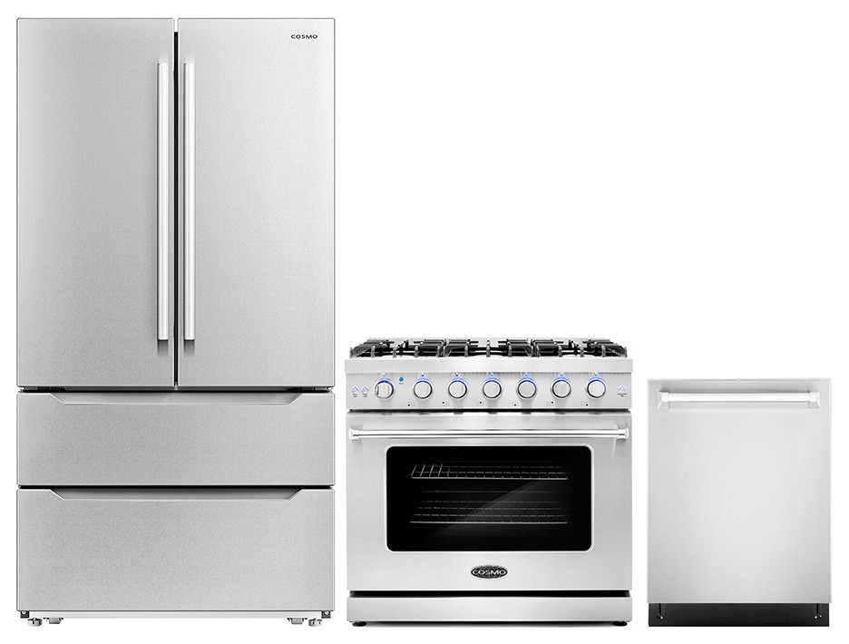 3Piece, 36" Gas Range 24" Dishwasher & French Door Refrigerator