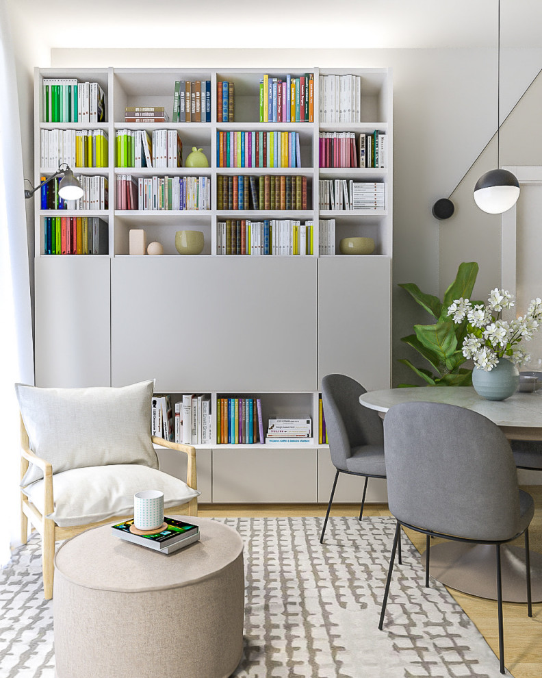 Immagine di un piccolo soggiorno contemporaneo aperto con libreria, pareti multicolore, parquet chiaro, TV nascosta e soffitto ribassato