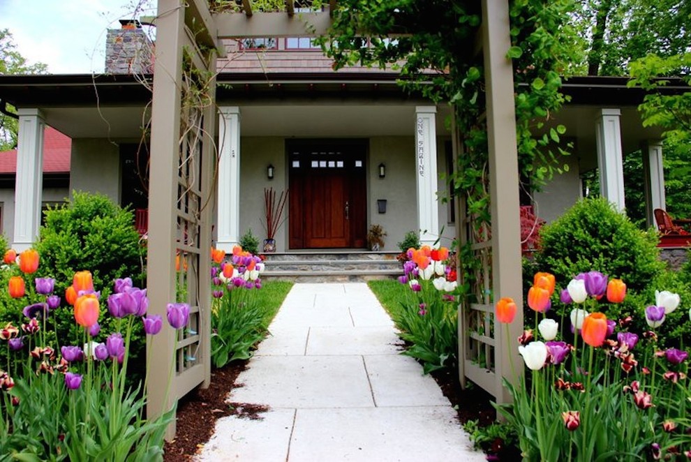 This is an example of a traditional front yard garden in Philadelphia with a garden path.